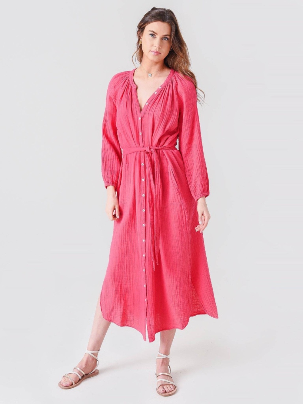 XIRENA Women's Irys Cotton Gauze Long Sleeve Belted Midi Dress Rose Coral S